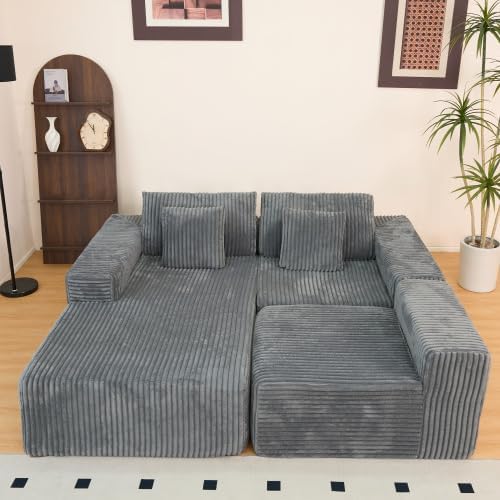 112.99" Boneless Cloud Couch, L Shaped Sectional Sofa with Chaise, No Assembly Required, Sink-in Corduroy Fabric & Memory Foam, Plush Modular Sofa for Apartment, Lounge, Dorm (Grey)