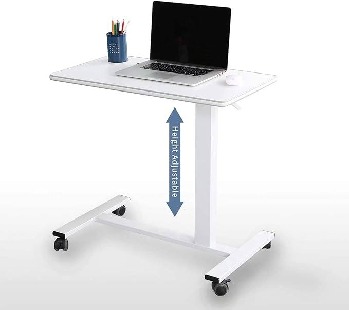 TigerDad Pneumatic Adjustable Overbed Table with Gas Spring Riser | Medical Adjustable Bed Side Table with Wheels | Portable Standing Desk for Laptop Computer with Large Work Space 30.7"x 17"