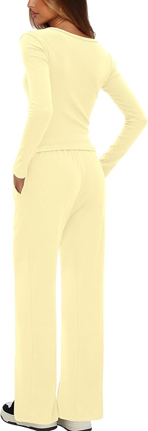 Darong Womens 2 Piece Matching Lounge Sets 2026 Long Sleeve Henley Shirts Wide Leg Pants Airport Travel Outfits