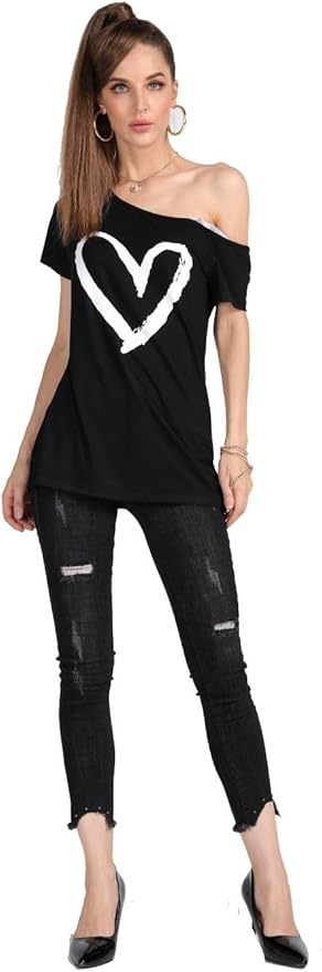 MAGICMK Women’s Short Lips Print Causal Off The Shoulder Plus Size T-Shirt Tops