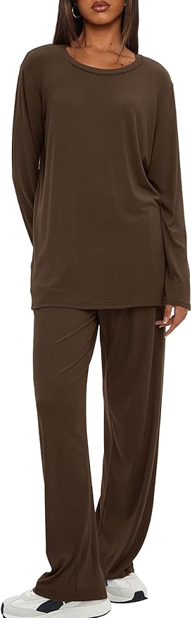 Darong Women's 2 Piece Lounge Set Casual Long Sleeve Crew Neck Tops Wide Leg Pants Travel Airport Outfit Matching Sets