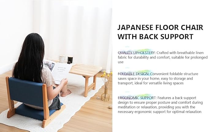 Japanese Floor Chair with Back Support, Foldable Meditation Chair, Legless Tatami Chair with Cushion, Floor Seat for Living Room, Bedroom, Bay Window (1, Blue)