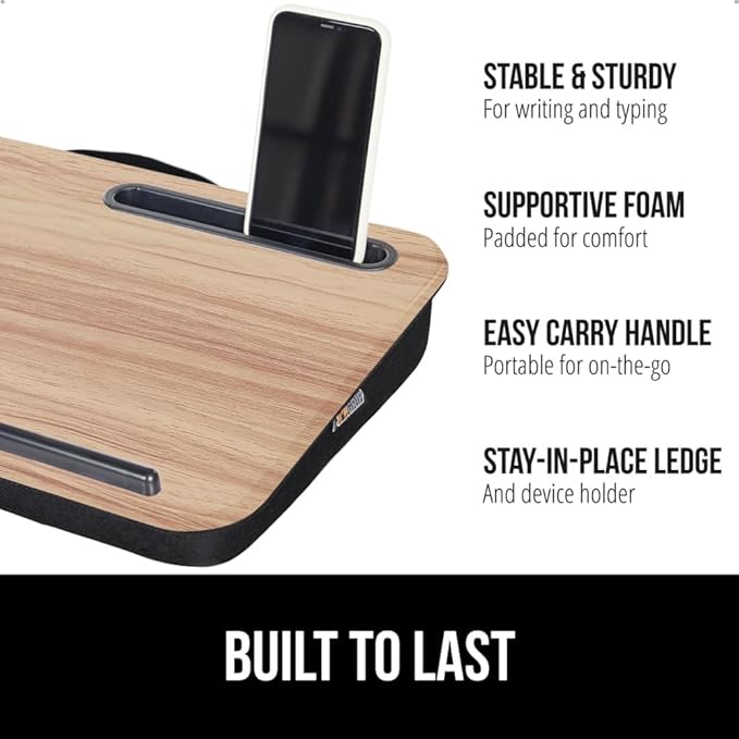 GORILLA GRIP Laptop Lap Desk with Phone Holder, Pillow Cushion Desks Fit Laptops up to 15.6", Gifts for Home, Portable Travel Workstation, Tray Ledge Keep Computers in Place, Light Wood Color