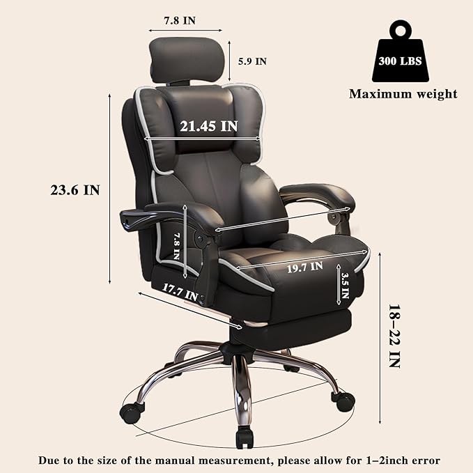 Office Chair Big and Tall Executive Desk Chair with Leg Rest, Adjustable Height Computer Gaming Chair with Headrest for Home Office, Black