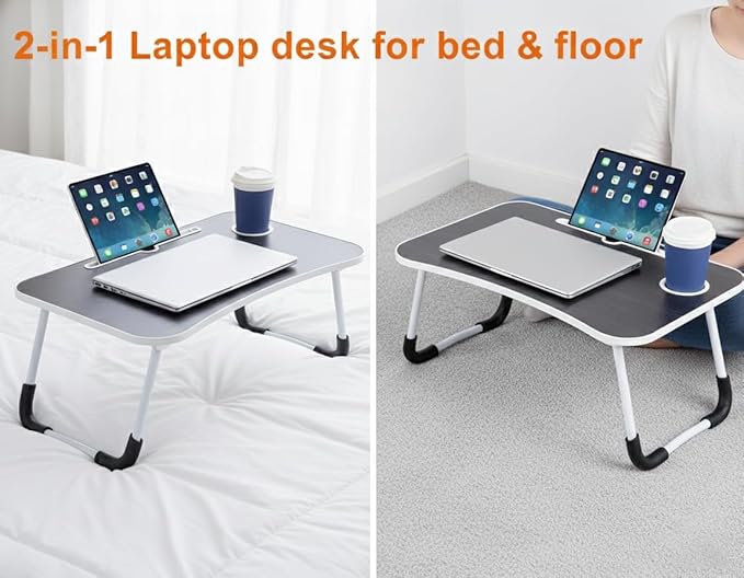 24x12in Laptop Bed Table, Foldable Lap Desk with Cup Holder & Tablet Slot, Portable Ergonomic Bed Tray for Work & Study (Black)