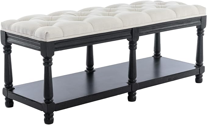 Farmhouse Storage Bench Wooden Entryway Linen Upholstered Ottoman Button Tufted Bench with Black Legs for Bedroom End of Bed Hallway Organizer, Beige, 45 Inch
