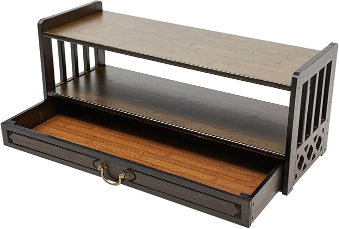 Floor Table Low 2-Tier Meditation Altar Table with Drawers Bamboo Coffee Table Desktop Organizer for Japanese Tatami Chinese Asia, Prayers, Displaying Jars/Plants/Books-27.2*9.8*11in (Walnut Color)