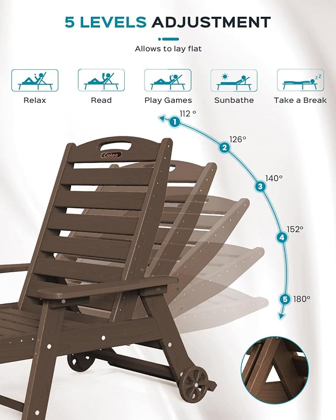 Ciokea Outdoor Lounge Chair HDPE Chair with Rolling Wheels & Cup Holder, 5 Position, Deck, Pool, Dark Brown