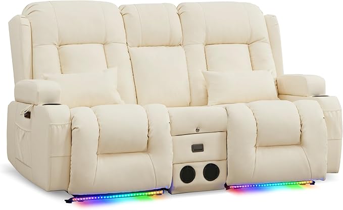 URRED Loveseat Recliner Sofa with Massage and Heat, Power Reclining Loveseat Sofa RV Couch with Console, Home Theater Seating with LED Lights, Bluetooth Speakers, USB, Outlets, Faux Leather, Ivory