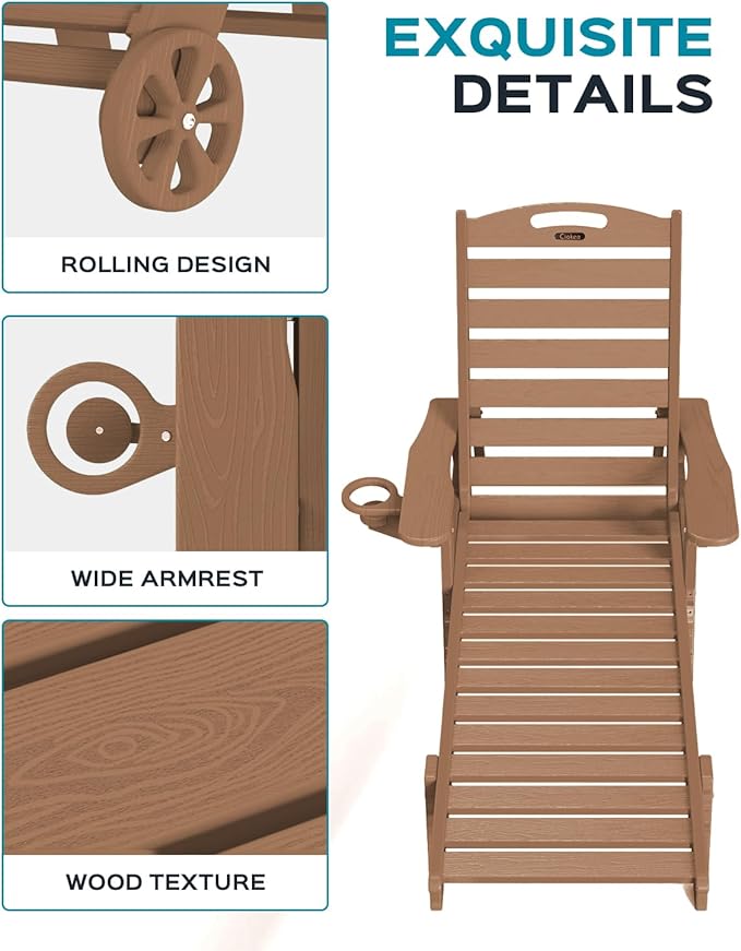 Outdoor Lounge Chair Set of 4, All Weather Patio Chaise Lounge Chairs for Outside, HDPE Chair with Rolling Wheels & Cup Holder, 5 Position, Deck, Pool, Brown
