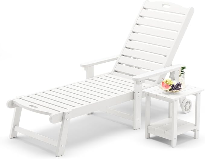LUE BONA Chaise Lounge Chair with Table, 2-Piece, HDPS Chaise Lounger, 5 Positions Adjustable Lounge Chairs, Pool Lounge Chair with Wheels for Poolside, Backyard, White