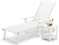 LUE BONA Chaise Lounge Chair with Table, 2-Piece, HDPS Chaise Lounger, 5 Positions Adjustable Lounge Chairs, Pool Lounge Chair with Wheels for Poolside, Backyard, White