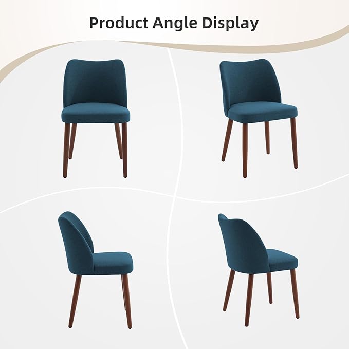 ElfinAura Dining Chair Set of 6, Linen Upholstered Dining Chair with Wood Legs, Wing Backrest, Wooden Kitchen Chair, Kitchen Chairs with Thick Cushions for Dining Room, Living Room, Blue