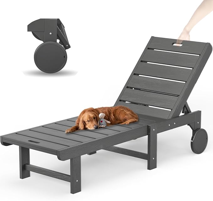 Outdoor Chaise Lounge Chairs, 26.8” Super Wide Lounge Chair Outdoor, HDPS Pool Chairs with 5 Positions, Patio Lounge Chair with Wheels for Pool,Lawn,Backyard, Dark Gray