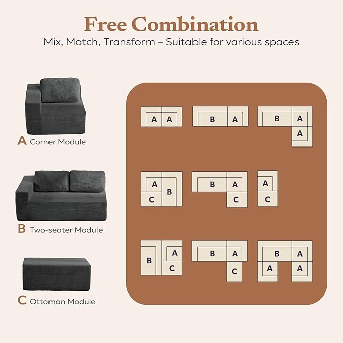 Furnify Loveseat Sofa, Cloud Modular Sofa Couch, Upholstered Floor Sofa with Deep Seat, Upholstered Foam Couch for Bedroom Living Room, No Assembly Required (Corduroy Fabric, Grey)
