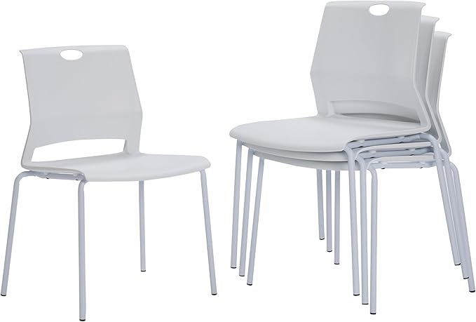 Sidanli Stackable Chairs Set of 4, Waiting Area & Breakroom Chairs in White with Back
