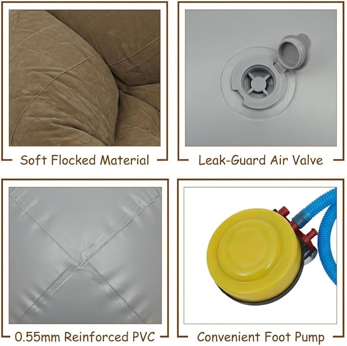 DYRABREST 6 Pcs Bean Bag Chairs for Adults, Inflatable Chairs with Air Pump, Folding Blow Up Couch, Flocking Portable Lazy Sofa for Movie Night, Living Room, Camping (Brown)