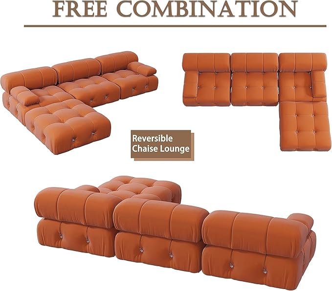 JACH 104" Sectional Couches for Living Room, L-Shaped Minimalist Velvet Sofas, Mid-Century Modular Sofa with Reversible Chaise Ottoman, Orange Sofas Furniture for Living Room, Apartment