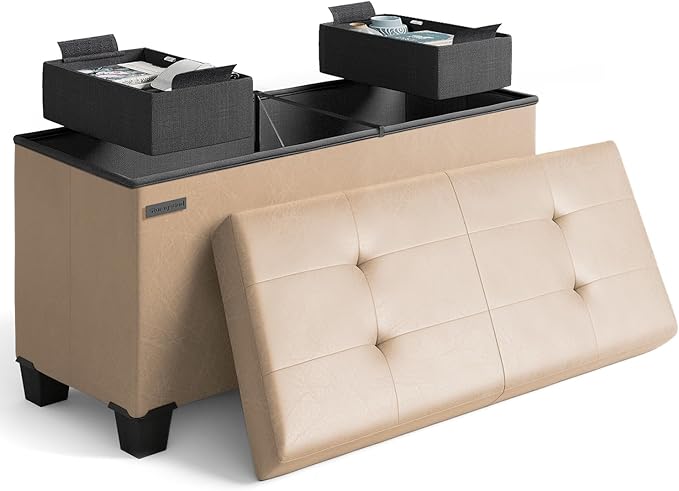 Storage Ottoman Bench with Bins, 30-in Storage Bench for Bedroom End of Bed, Folding Foot Rest Ottoman for Living Room Max 660lbs, Faux Leather Ottomans, Taupe