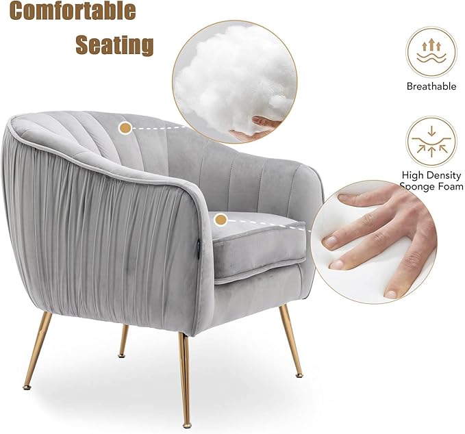 Altrobene Velvet Accent Chair, Modern Barrel Chair, Living Room Bedroom Arm Chairs, Golden Finished, Grey