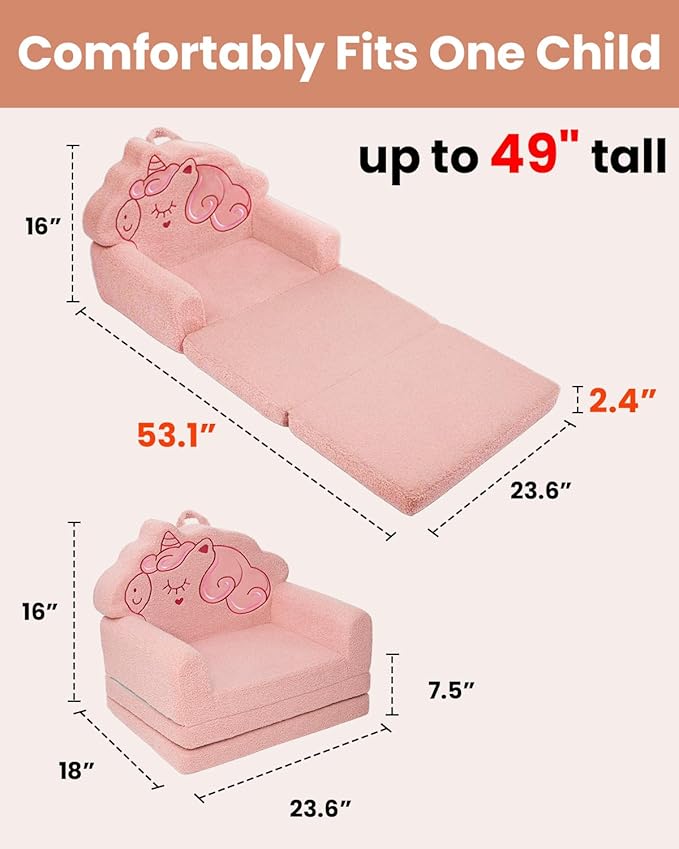 TinyPalsa Kids Couch, Convertible Sofa to Lounger Fold Out, Pink Magical Pony Design Chair for Toddlers 1-3, Gift for Birthday, Movie Night