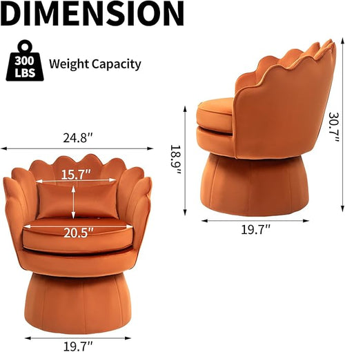 360° Swivel Accent Chair, Mid-Century Modern Velvet Barrel Chair, Comfy Shell Shape Arm Chair with Lumbar Pillow for Living Room, Bedroom, Office, Orange