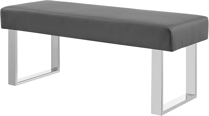 Armen Living Amanda Bench in Grey Faux Leather and Chrome Finish 48 x 19 x 18