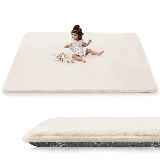 PaPaMat 1.5" Thick Baby Play Mat for Floor, 59x79 Playpen Mat, Pro Soft Flannel Foam Mats Toddler Infant Kids Crawling for Nursery Rug Playroom Living Room Waterproof Easy Care Non-Slip (Beige)