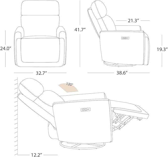 CHITA Electronic Power Recliner Chair Swivel Glider, FSC Certified Modern Nursery Rocking Chair with USB and Type-C Ports, Ivory