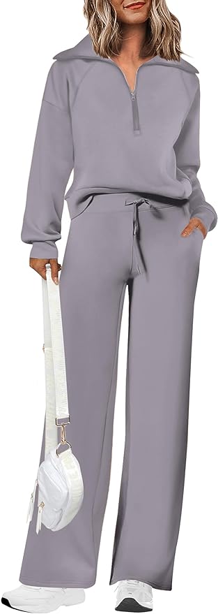 PRETTYGARDEN Women's 2 Piece Outfits Casual Lapel Half Zip Sweatshirts and Wide Leg Pants Tracksuit Sets