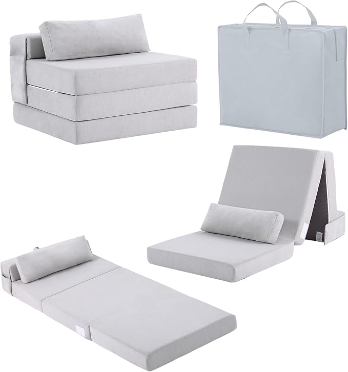 Tiita Folding Sofa Bed-Convertible Sleeper Chair with Storage Bag, Tri Foldable Mattress with Pillow, Portable Fold Out Chair Bed Floor Sofa for Living Room/Dorm/Guest Use/Travel, Single Size, Grey
