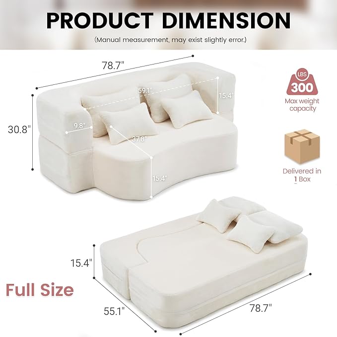 Orynveela Convertible Folding Sofa Bed, 78” Full Size Floor Sleeper Couch, Chenille Full Foam Curved Back Futon Loveseat for Living Room Bedroom, No Assembly (Beige White)