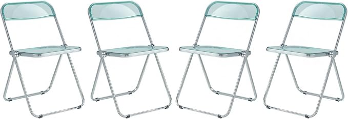 LeisureMod Lawrence Modern Clear Acrylic Folding Chair with Metal Frame, Space-Saving Transparent Seating for Dining Room, Home Office, Bedroom, Vanity or Small Spaces, (Jade Green, Set of 4)