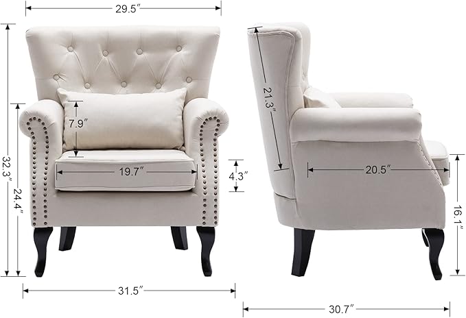 Janoray Mid Century Modern Accent Chair Upholstered Armchair Comfy Linen Fabric Single Sofa with Tufted Wingback for Small Spaces Bedroom Living Room, Beige