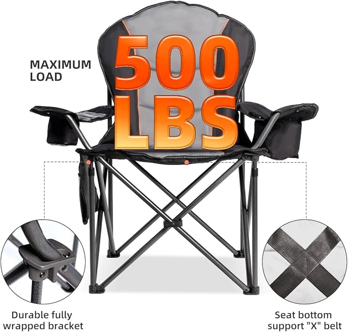 Foristrail Camping Chair Oversized Folding Outdoor Camping Chair with Cooler Bag, Cup Holder & Waterproof Phone Case, Portable for Hiking/Beach,500LB (Black & Light Gray)
