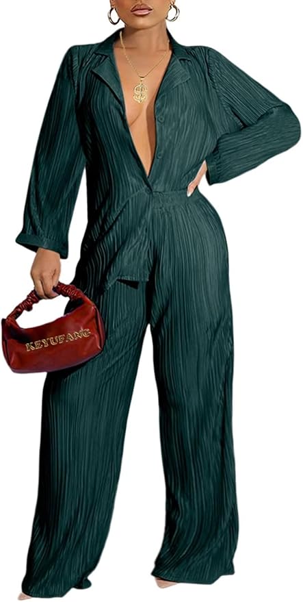 Ekaliy Women's 2 Piece Casual Pleated Outfits Short Sleeve Button Down Shirt High Waist Wide Leg Trouser Sets Suit
