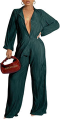 Ekaliy Women's 2 Piece Casual Pleated Outfits Short Sleeve Button Down Shirt High Waist Wide Leg Trouser Sets Suit