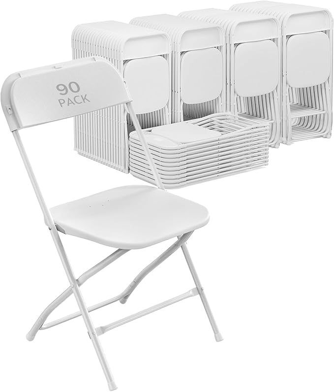 90 Pack White Plastic Folding Chair for Indoor Outdoor, 350 lb Capacity, Foldable Commercial Stacking Chairs with Steel Frame for Office Wedding Party Events