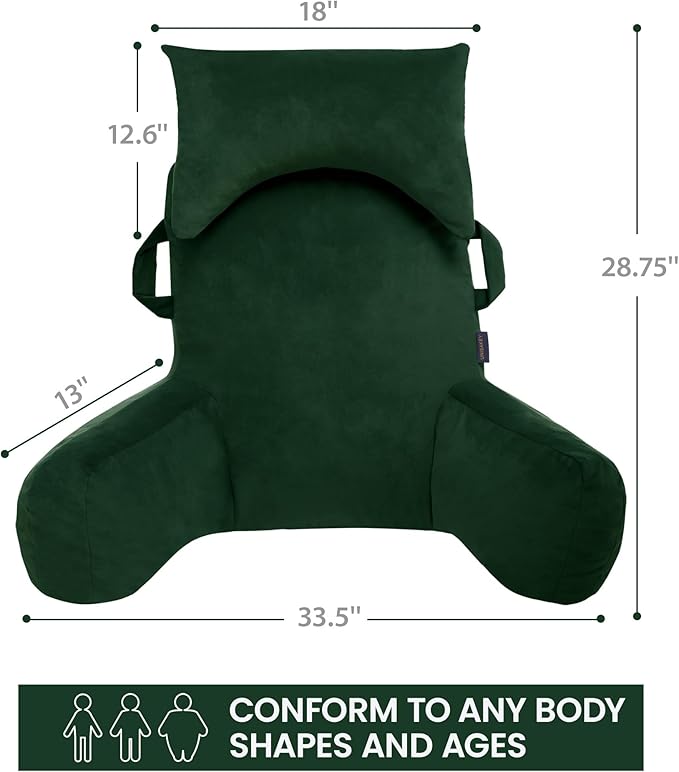 Unisakey Portable Reading Pillows with Headrest for Bed Sitting Up(Dark Green Oeko-Tex), Velvet Back Pillow with Arms & Pockets for Adults, Support Memory Foam Bed Pillow for Dorm/Watching/Gaming