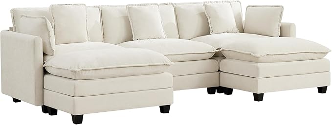 UMBFUN 3-Seater Cloud Couch with 2 Ottomans, Oversized Modular Sectional U Shaped Sofa with Deep Seat Cushions, Comfy Chenille Couch for Living Room, Beige
