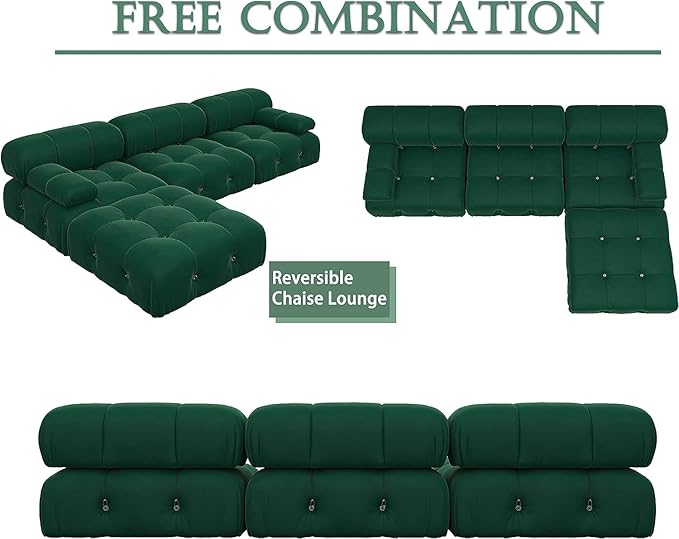 JACH 104" Modular Sofa Sectional Couch, L-Shaped Minimalist Velvet Couches, Mid-Century Comfy Couch with Reversible Chaise Ottoman for Living Room, Apartment (Green)