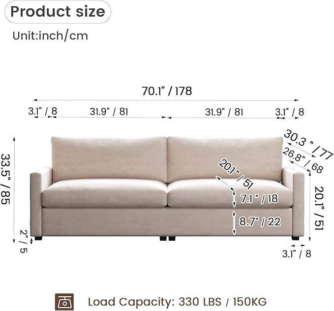 Modern Beige Fabric Loveseat with Deep Seating, Soft Cushions, Minimalist 2-Seater Sofa for Office, Living Room or Bedroom, Easy Assembly Couch for Small or Large Spaces