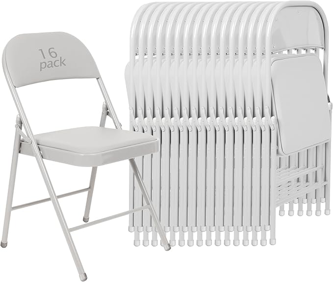 16 Pack White Padded Folding Chairs Set - Comfortable Stackable Portable Chairs for Indoor Outdoor, Events, Parties, Office, Wedding (PU Leather, Executive White,School Chair)