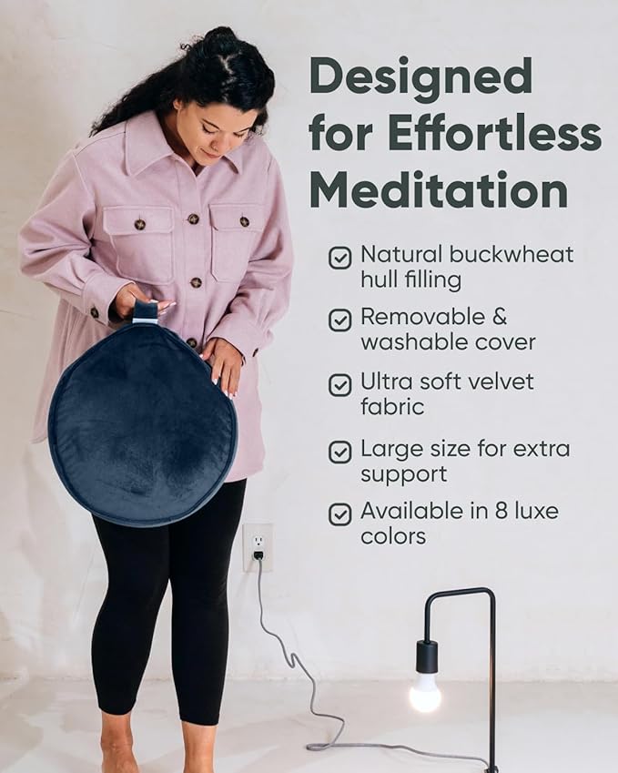 Mindful Modern Velvet Meditation Cushion | Luxe Zafu Yoga Floor Pillow Seat | Posture Support | Buckwheat Hull Filled | Large Round Cushion with Removable Washable Cover + Carry Handle