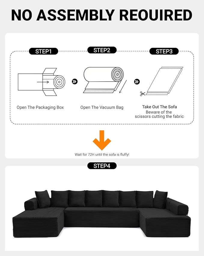 145" Oversized Cloud Boneless Sectional Sofa with Chaise, Corduroy U Shaped Modular Couch with Deep Seat, Fixed Frame Comfy Corner Sofa, No Assembly Required (Black)