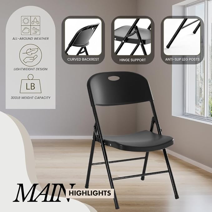 Amazing for less 1-Pack Heavy Duty Plastic Folding Chair, 450 lbs Capacity Foldable Chairs for Indoor Outdoor, Stackable Portable Seating for Party, Wedding, Patio, Backyard, Office (Black)