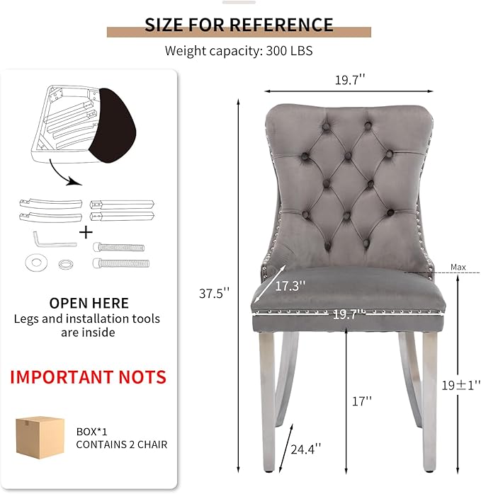 YeahFurn Mid Century Modern Dining Chairs Set of 2, Grey Velvet Upholstered Tufted Back, Kitchen & Dining Room Chairs, Brushed Silver Metal Legs, Nailhead Trim, Sillas para Comedor (Gray, 2 Pcs)