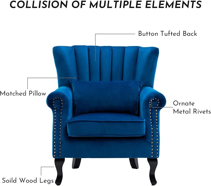 LZAREAL Accent Reading Arm Chairs Set of 2 Midcentury Modern Comfy Corner Sofa Chair, Wingback Waiting Room Club Chair with Tufted Back for Living Room/Bedroom/Reception Room, Velvet Blue