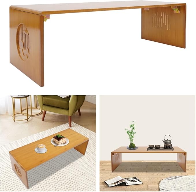 CAIHAOA Japanese Folding Coffee Table, Height Adjustable, Bamboo Floor Table No Assembly, Low Tea Table for Sitting on The Floor, Tatami Tables for Bedroom Living Room Dining Room Home