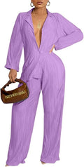 Ekaliy Women's 2 Piece Casual Pleated Outfits Short Sleeve Button Down Shirt High Waist Wide Leg Trouser Sets Suit